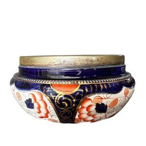 Antique Staffordshire Imari Jardiniere Bowl Cobalt Floral Gold Tone Metal Rim